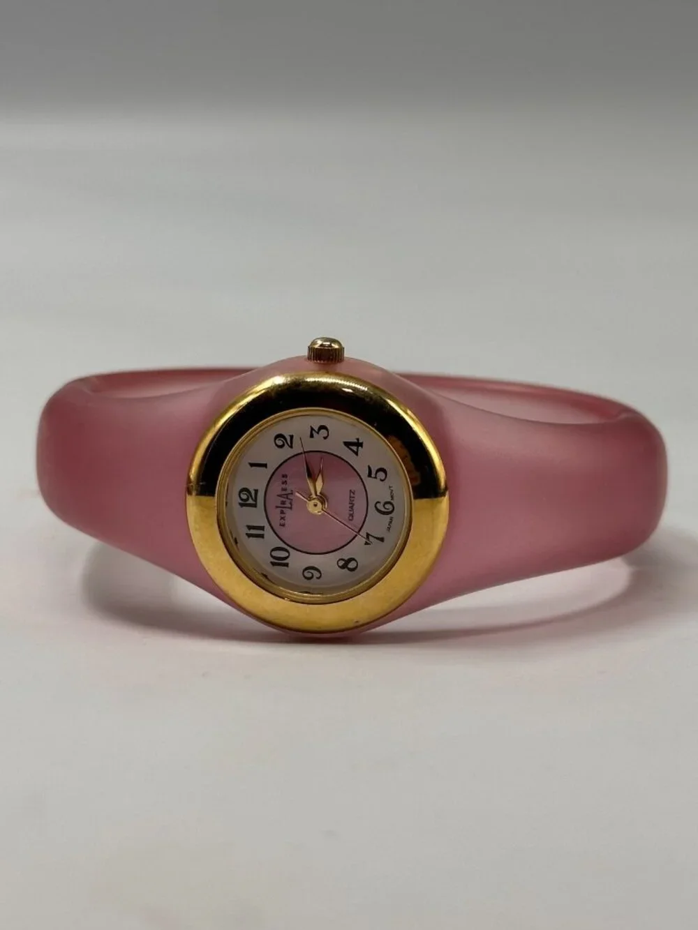 Vintage LA Express Watch Women Gold Tone Pink Lucite Band New Battery 6.75